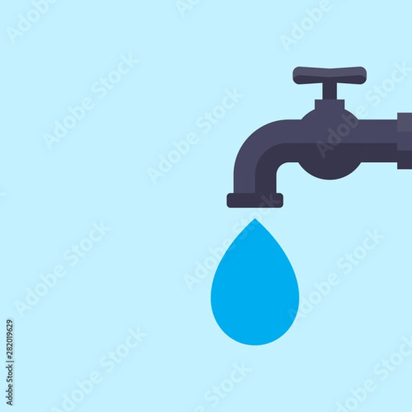 Fototapeta Save water concept, tap and water drop, flat design vector illustration