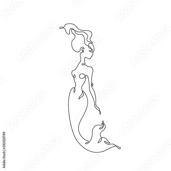 Fototapeta Mermaid Continuous line drawing, single line on a white background,  Vector illustration. 
