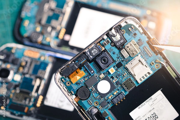 Obraz The inside of the smartphone's motherboard and sim card lay on the back table. the concept of computer hardware, mobile phone, electronic, repairing, upgrade and technology.