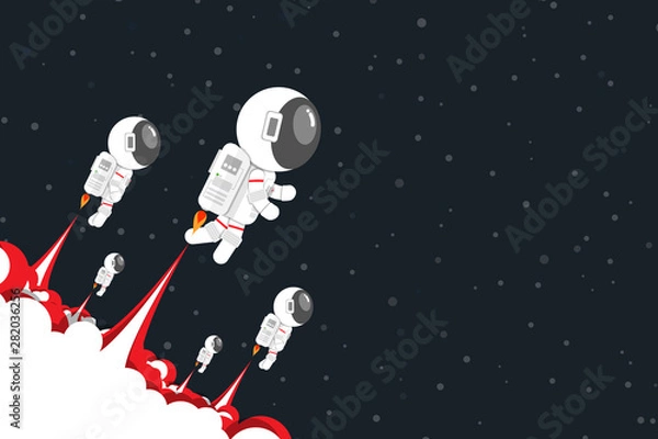 Fototapeta Flat design, Astronauts team launch jet engine with red smoke Go out into space, Vector illustration, Infographic Element