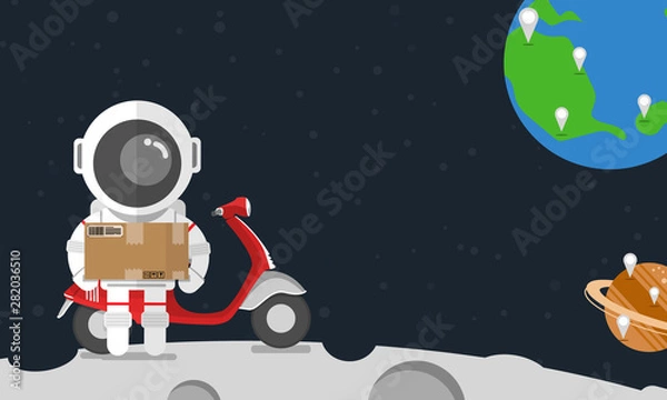 Fototapeta Flat design, Astronaut carry delivery box standing on the moon with red motorcycle, Vector illustration, Infographic Element