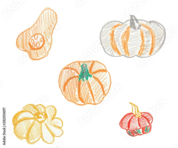 Fototapeta Set of pumpkin painted with oil crayons