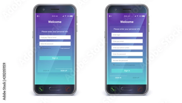Obraz Smartphone, mobile phone isolated. UI design, account authorization or register, interface for touch screen mobile apps. Registration with personal data. UX Screen, vector 3d illustration