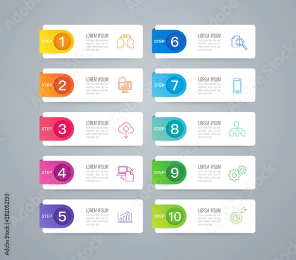 Fototapeta Infographics design paper art style and business icons with 10 options. Use in corporate report, marketing, annual report. Network management data screen with charts, diagrams.