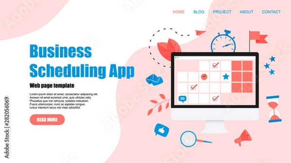 Fototapeta Web Template. Online time management assistant with marks, tasks and notes . Concept of time management. with business icons	