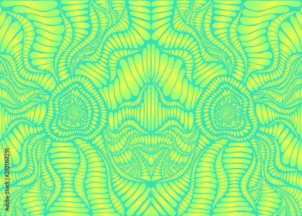 Fototapeta Psychedelic bright trippy colorful pattern, lime yellow gradient, and green color outline. Decorative element original background. Vector alien fantasy texture.