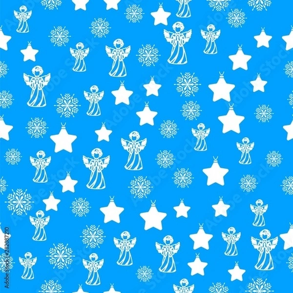 Fototapeta Winter white snowflakes card vector on blue background. Macro flying border illustration, holiday banner with flakes confetti scatter frame, snow elements. Cold season symbols. Wrapping paper and foil