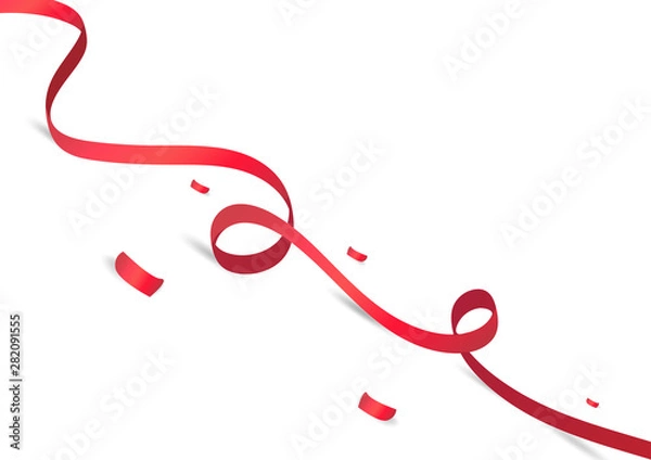 Fototapeta Red ribbons with confetti paper slope floor on white background, celebration vector