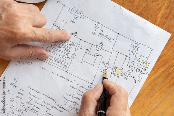 Fototapeta macro view of engineer planing the electrical circuit on paper