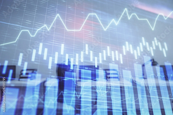 Fototapeta Stock and bond market graph with trading desk bank office interior on background. Multi exposure. Concept of financial analysis