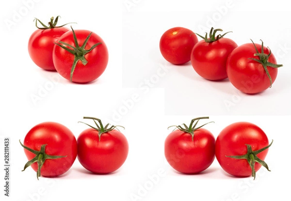 Fototapeta Red tomatoes on a white background. A group of tomatoes with herbs on a white background.