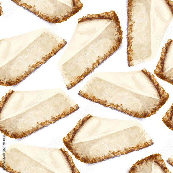 Fototapeta Vector seamless pattern piece of cheesecake cake with airy and tender, delicate creamy-curd cheese. Crisp and crumbly cake with back, appetizing, realistic, homemade cakes, drawn by hand. Healthy