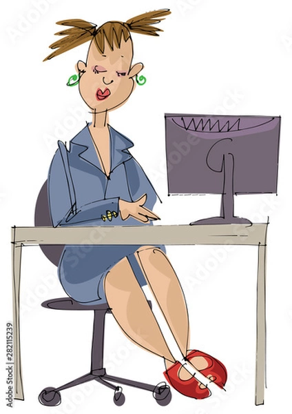 Obraz A pretty businesswoman seats at workplace holding contract in her hand. Cartoon. Caricature.