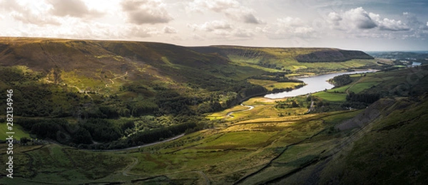 Obraz Stunning aerial panoramic shot of the Peak District National Park at the Woodhead to Torside reservoirs showing the streams of water connecting the two