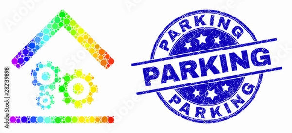 Fototapeta Pixel bright spectral engine service garage mosaic icon and Parking seal stamp. Blue vector rounded grunge seal stamp with Parking caption. Vector combination in flat style.