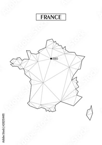 Fototapeta Polygonal abstract map of France with connected triangular shapes formed from lines. Capital of city - Peris. Good poster for wall in your home. Decoration for room walls.