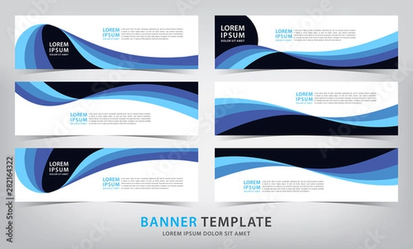 Fototapeta set of six abstract blue wave web banner templates, vector illustration