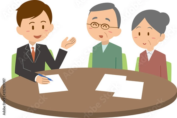 Fototapeta 男性から説明を受ける老夫婦