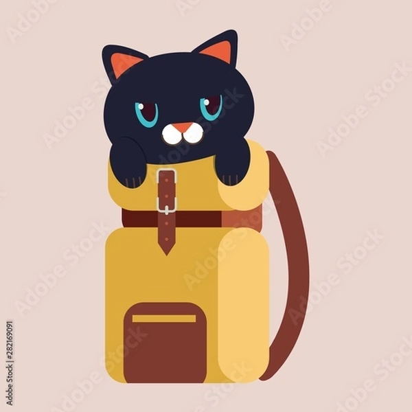 Obraz The character of cute blackcat in the travel bag. cat in the travel bag. the cat look unhappy. cute cat in flat vector style.