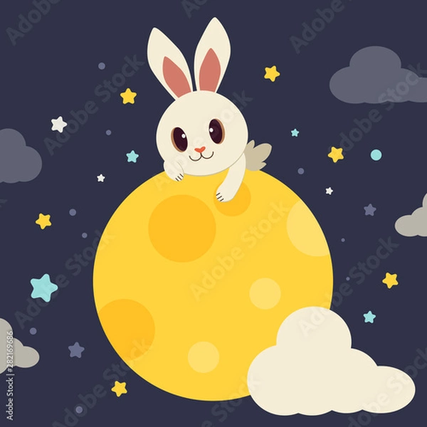 Obraz The character of cute rabbit sitting on the full moon. The ribbit gaps and it smiling. The rabbit sitting on the Crescent moon.The character of cute rabbit in flat vector style