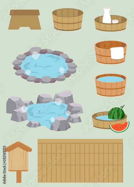 Obraz The collection of a japanese hot spring bath set. the onsenan bath outdoor. watermelon in the barrel. the japanese hot spring bath in cute flat vector style.