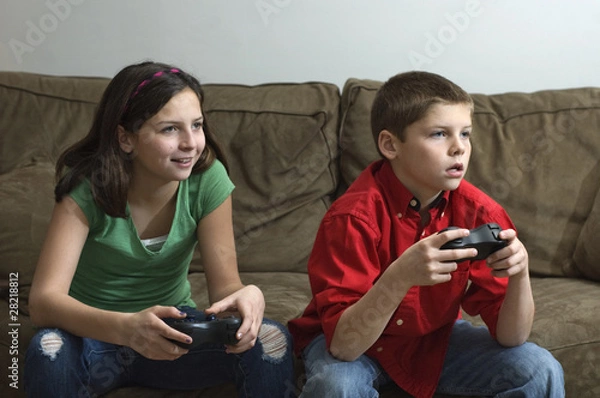 Obraz Siblings playing a video game