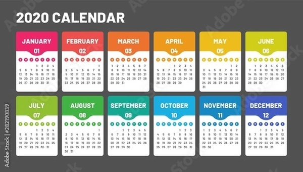 Fototapeta Colorful calendar for 2020 year in minimal style. Week Starts on Sunday. Set of 12 Months.