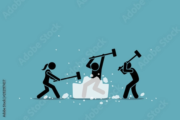 Fototapeta Ice breaking or icebreaker activity, game and event. Vector artwork of a group of people using sledgehammer to break a large ice. Concept of knowing each member and warm up for participants meeting.
