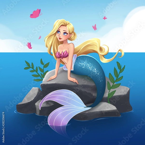 Fototapeta Cute mermaid with blonde hair and blue tail sitting on stone. Hand drawn cartoon illustration. Isolated on white.