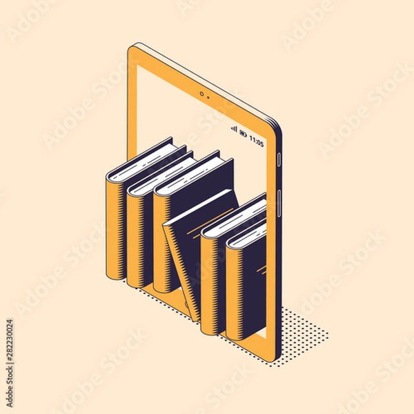 Obraz Ilustracja wektorowa izometryczny czytania lub edukacji online - stos książek papierowych stojących wewnątrz cyfrowego tabletu.