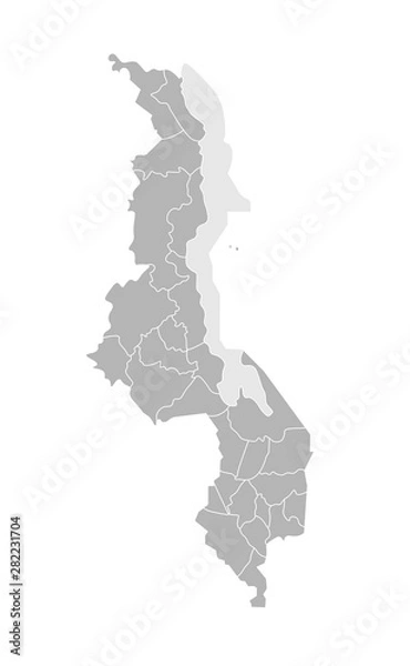 Fototapeta Vector isolated illustration of simplified administrative map of Malawi. Borders of the districts (regions). Grey silhouettes. White outline