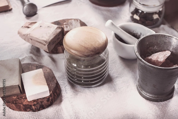 Fototapeta Set of ingredients and tools for handmade soap making. Organic cosmetics. Handcraft and small home business concept