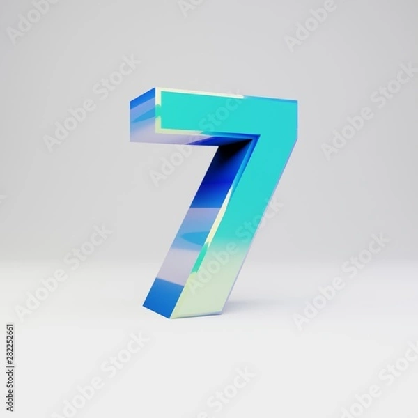 Fototapeta Sky blue 3d number 7. Metal font with glossy reflections and shadow isolated on white background.