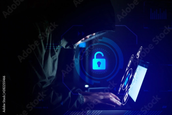 Fototapeta hacker is in a set of black watercolors on the front. Safety concepts of cyber security information.