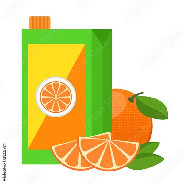 Obraz Juice pack and orange slices with green leaves in cartoon flat style on white,  stock vector illustration