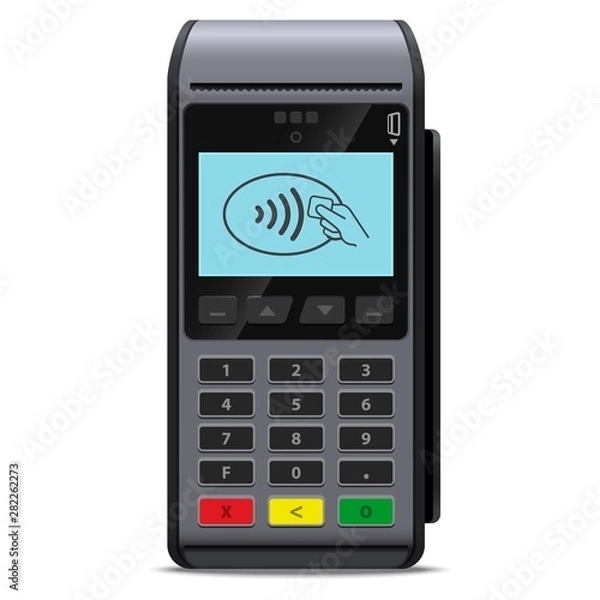 Fototapeta POS terminal or Payment terminal wireless realistic style vector icon concept of contactless payments for purchases in the store isolated. Mobile phone nfc or credit card cashless payment method.