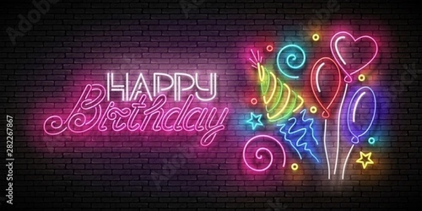 Fototapeta Glow Greeting Card with Different Balloons, Holiday Hat, Confetti and Happy Birthday Inscription