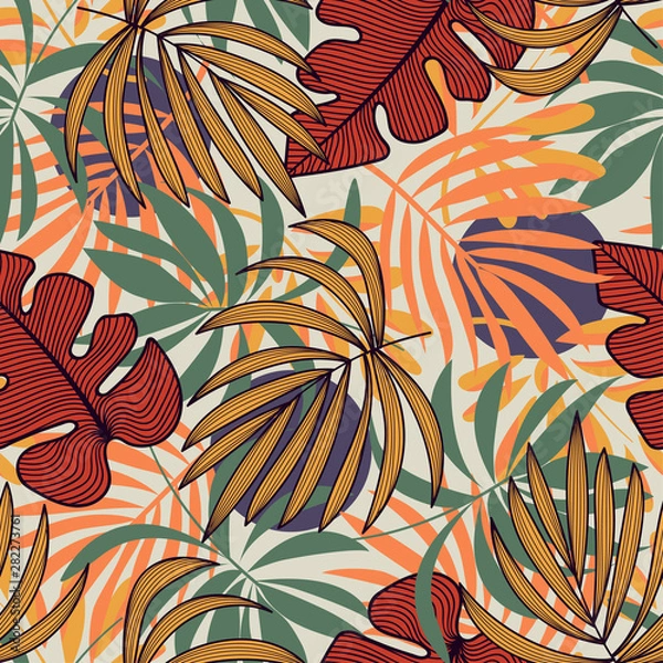 Fototapeta Abstract seamless pattern with colorful tropical leaves and plants on beige background. Vector design. Jungle print. Floral background. Printing and textiles. Exotic tropics. Summer design.