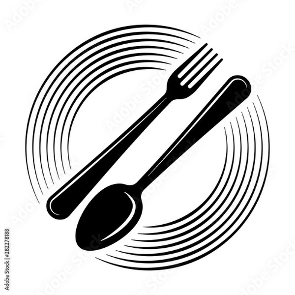 Obraz Abstract logo of a cafe or restaurant. A spoon and fork on a plate. A simple outline.