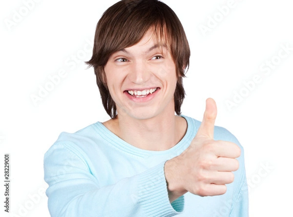 Obraz young man thumb up on white background
