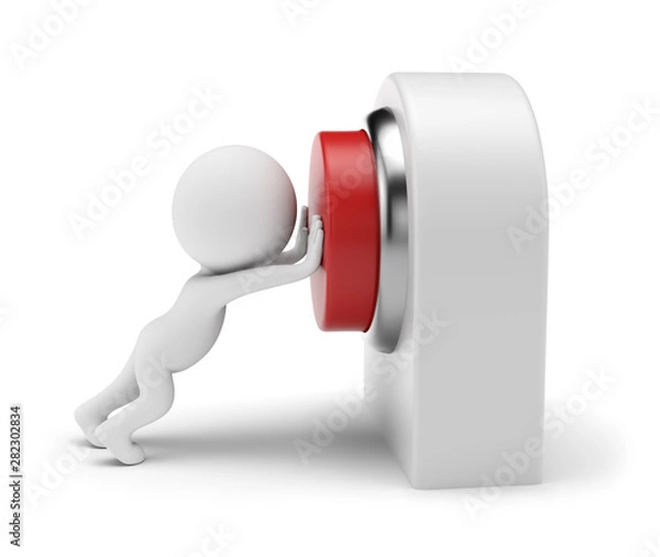 Obraz 3D Small People - Pushing Red Button