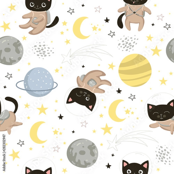 Fototapeta Seamless pattern with cute cats astronauts in helmets. Seamless background for kids design, wrapping paper, wallpaper, textile, apparel, fabric. Vector illustration EPS10