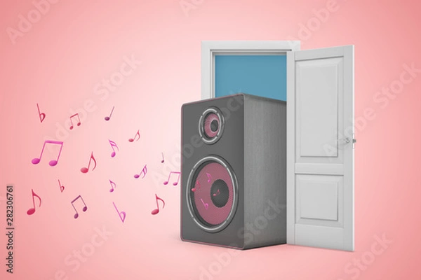 Fototapeta 3d rendering of huge music column speaker occupying whole doorway and emitting lots of pink notes on pink copy space background.