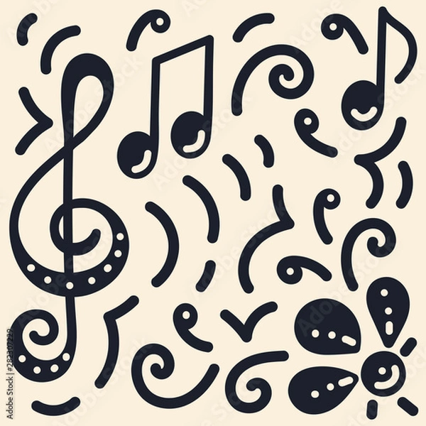 Fototapeta Doodle style, bright colored notes, violin key, flowers. Template design