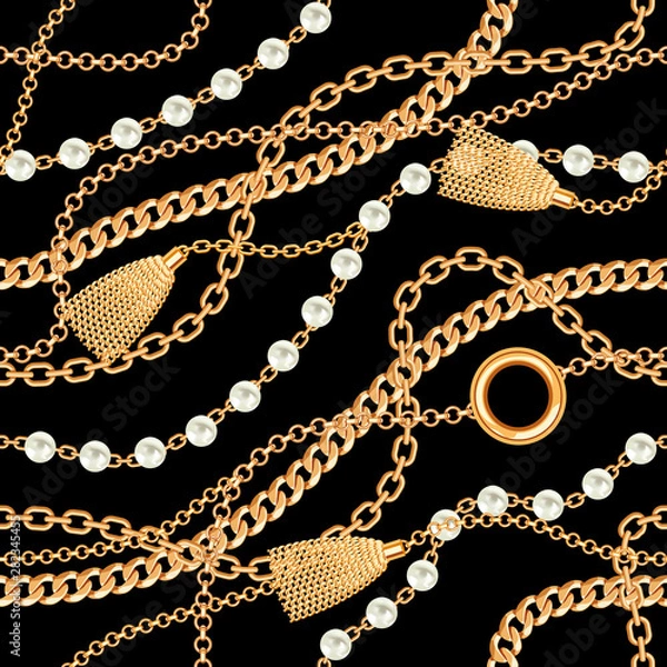 Obraz Seamless pattern background with pearls, tassel and chains golden metallic necklace. On black. Vector illustration
