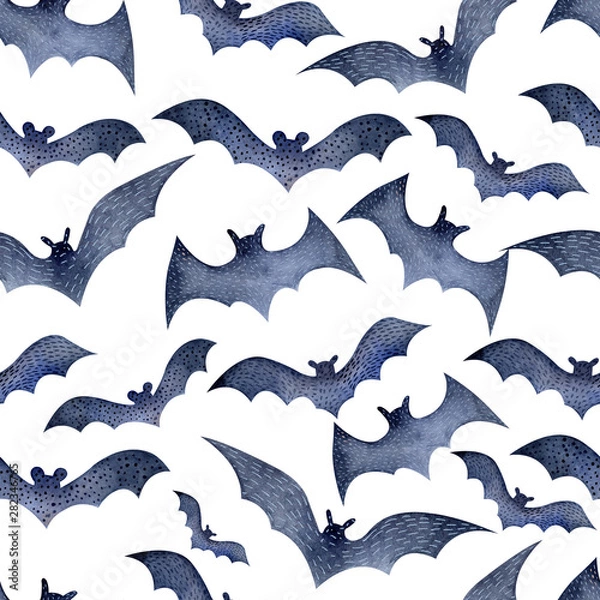Fototapeta Seamless bat pattern for Halloween on white watercolor background. Decoration for the autumn holiday. Mystical, fabulous, fun style. Bright background for packaging, textiles,