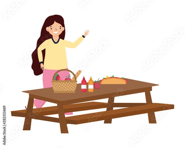 Fototapeta Woman cartoon having picnic design