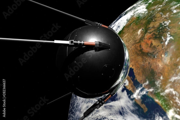 Fototapeta Satellite Sputnik 1 in space against the earth.