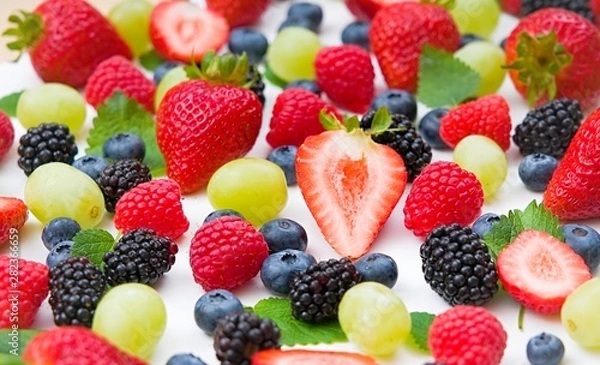 Obraz Fresh mixed fruits, berries background.Healthy food , diet.