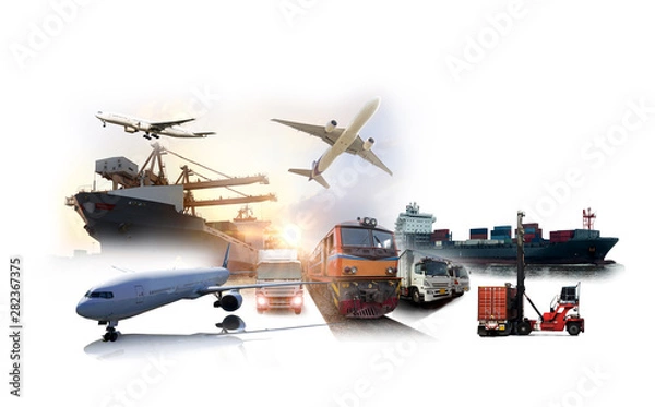 Obraz Global business of Container Cargo freight train for Business logistics concept, Air cargo trucking, Rail transportation and maritime shipping, Online goods orders worldwide